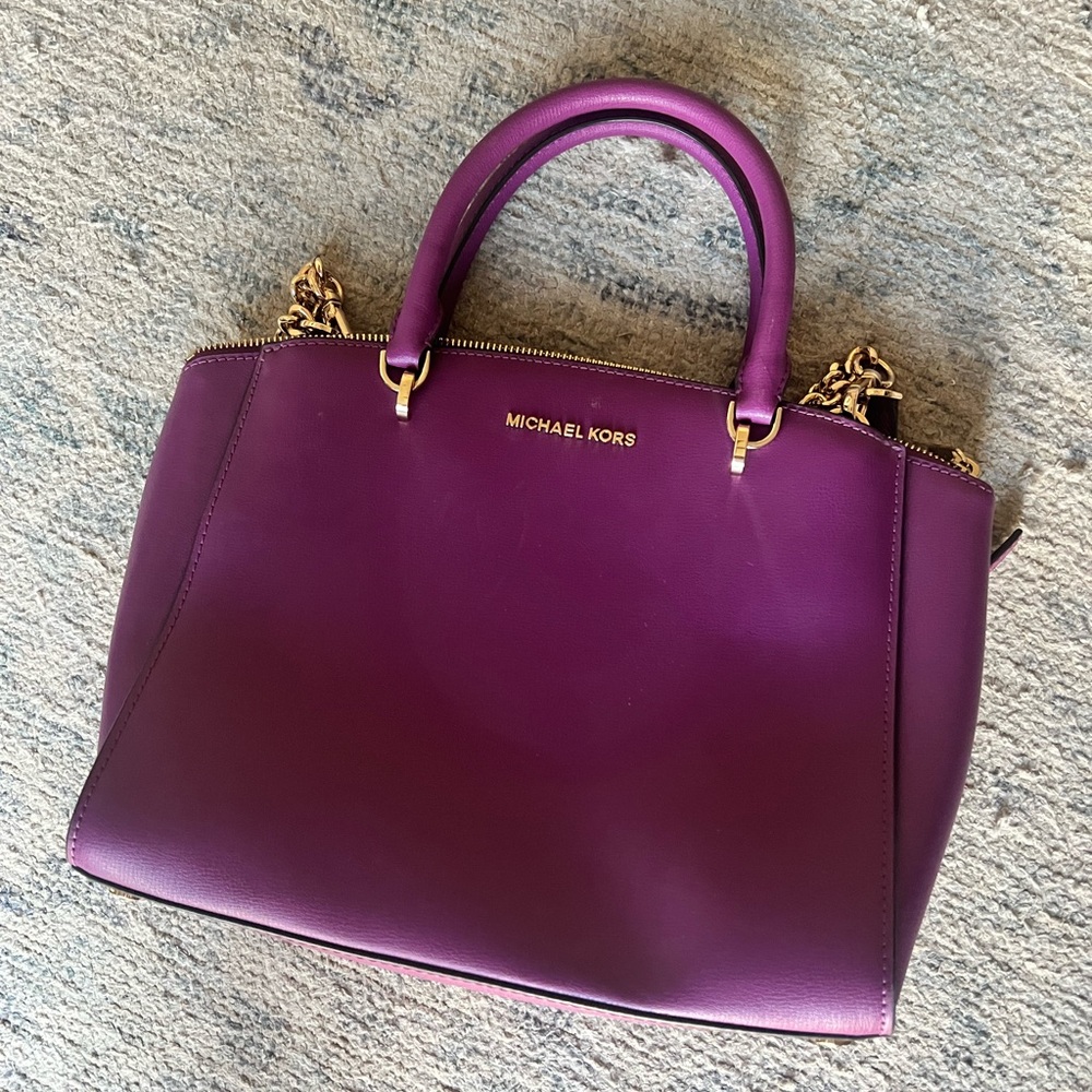 Michael Kors Leather Medium Top Zip Satchel Bag (purple)